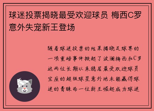 球迷投票揭晓最受欢迎球员 梅西C罗意外失宠新王登场